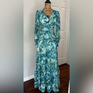 Faeriesty Size S NWOT Blue Green Print Long Sleeve Maxi Dress Boho V-Neck Flowy